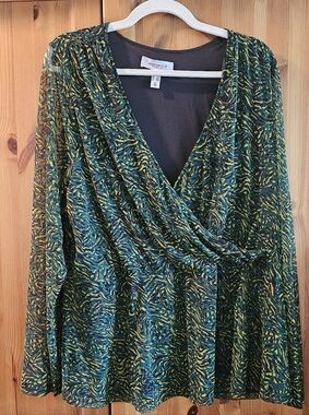Addition Elle Green Print Wrap-Front Long Sleeve Top.  Light Weight 3X